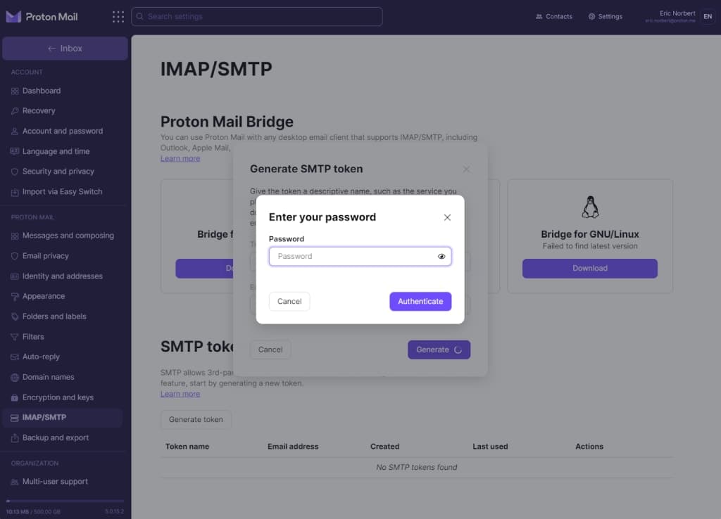 Champ pour saisir votre mot de passe afin de confirmer la génération du token