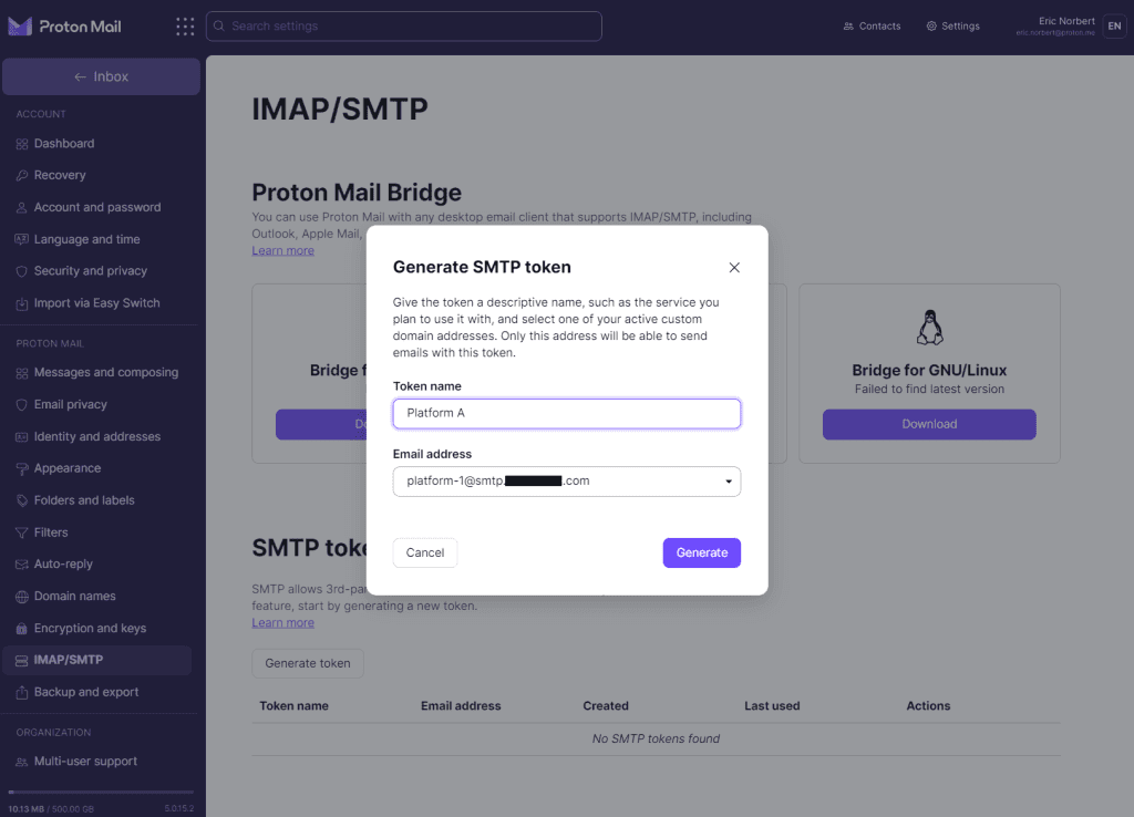 Champ pour générer et nommer un token SMTP