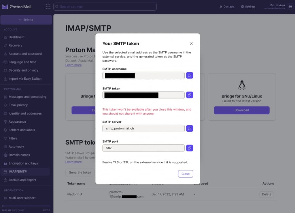 Finestra che mostra il tuo nome utente SMTP e il token SMTP