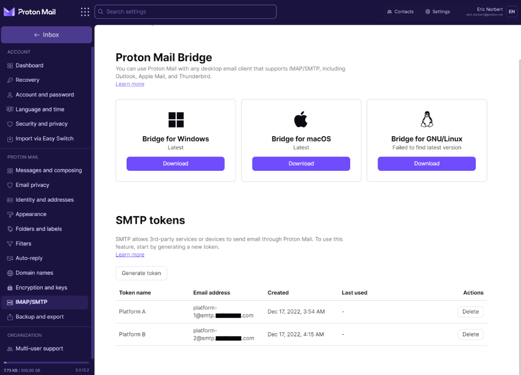 Pagina delle impostazioni che mostra i tuoi token SMTP