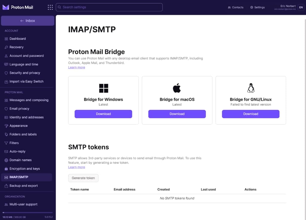 Page des paramètres de tokens SMTP de Proton Mail